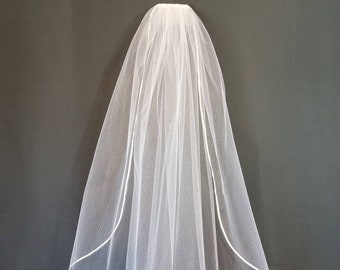 Elbow Length One-Tier 1/8 Satin Trim Veil in White | First Communion Veil | Bridal Veil | Wedding Veil | RTS