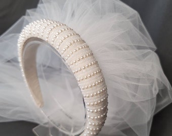 Beaded Padded Headband Pearl Two Tier Veil | Wedding Veil | Bachelorette Veil