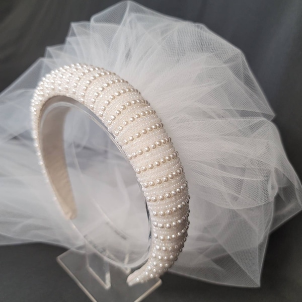 Beaded Padded Headband Pearl Two Tier Veil | Wedding Veil | Bachelorette Veil