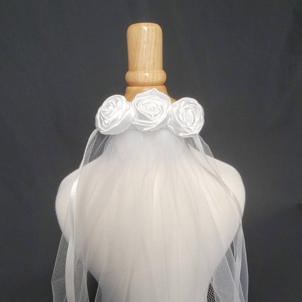 One-tier Communion Veil Large Bow and Satin Trim| Confirmation Veil | First Communion Veil | Bow Veil | Cross Veil | White or Ivory