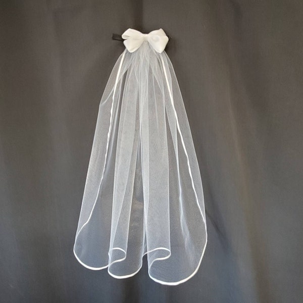 One-tier Communion Veil Bow and Satin Trim| Confirmation Veil | First Communion Veil | Bow Veil | Cross Veil | White or Ivory