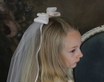One-tier Communion Veil Large Bow and Satin Trim| Confirmation Veil | First Communion Veil | Bow Veil | Cross Veil | White or Ivory
