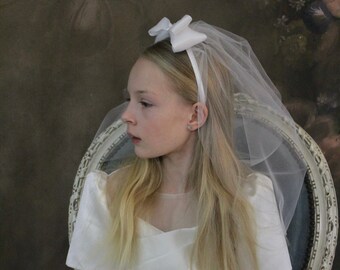 Headband Large Bow Communion Veil | Bachelorette | Confirmation Veil | First Communion Veil | Bow Veil | Cross Veil | White or Ivory