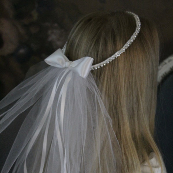 First Communion Veil Wreath Crown Headpiece with Pearls and Rhinestones