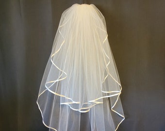 108 inch/Full Volume Two Tier Satin Trim Veil in White or Ivory 1/4 inch Ribbon | Bridal Veil | Wedding Veil | Classic Veil