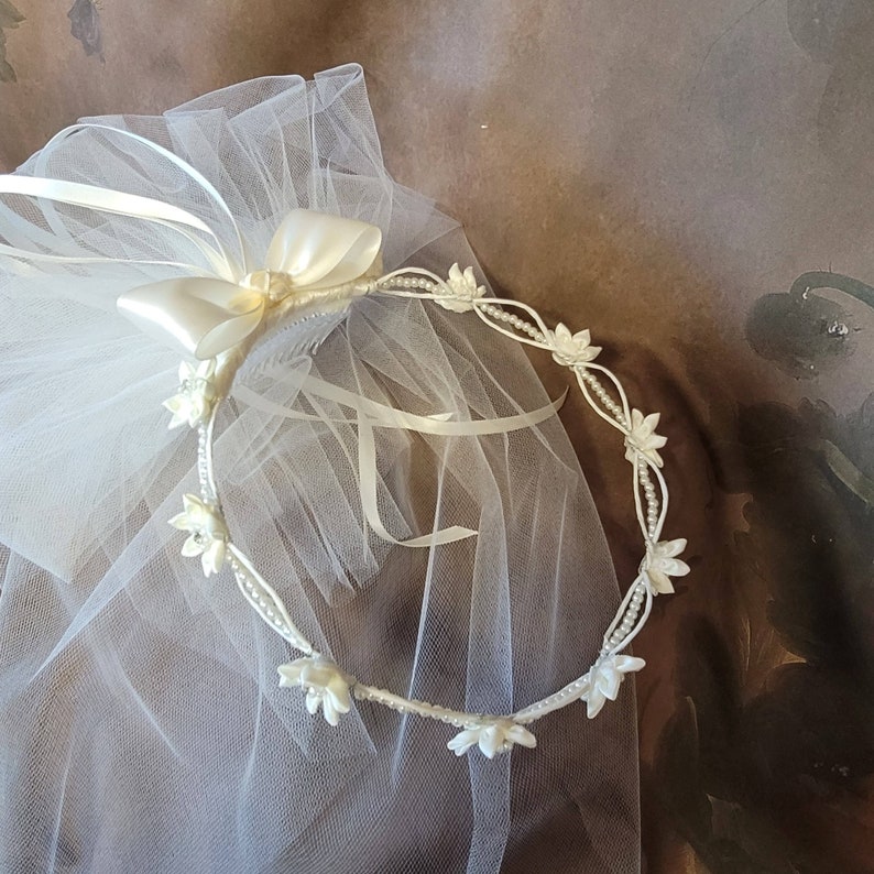 Communion Wreath Crown with Veil Pearl and Satin Flowers image 4