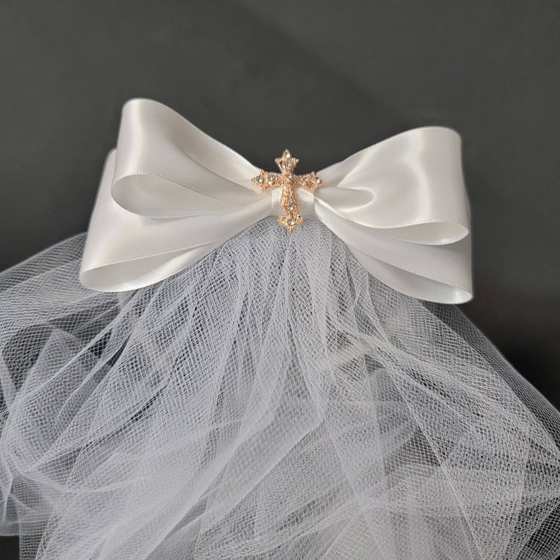 Headband Large Bow Veil Bachelorette Confirmation Veil First Communion Veil Bow Veil Cross Veil White or Ivory image 3