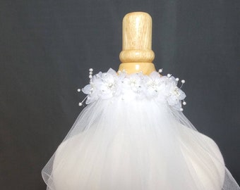One-tier Short Veil with Organza and Pearl Flowers | Communion Veil | Reception Veil | First Communion Veil | Floral Veil | White or Ivory