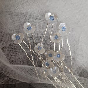 May include: A set of ten silver hair pins with white flower accents and light blue crystal centers.