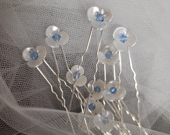 Floral Something Blue Crystal Hairpins-3 Petal Flower | Bridal Hair Pins -Special Occasion- Hair Jewelry