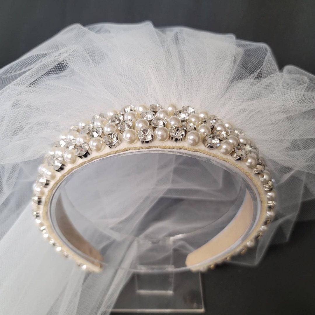 Beaded Headband Two Tier Veil Pearl Rhinestone Wedding Veil