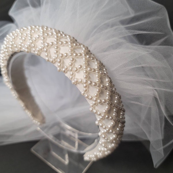 Pearl Beaded Padded Headband Two Tier Veil | Wedding Veil | Bachelorette Veil