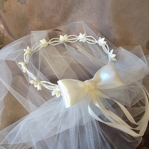 Communion Wreath Crown with Veil Pearl and Satin Flowers image 2