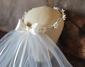 Communion Wreath Halo Crown with Veil Pearl and Satin Flowers