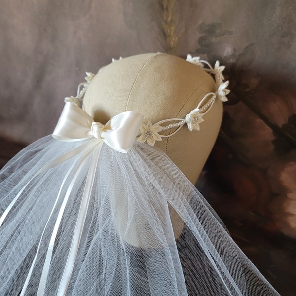 Communion Wreath Crown with Veil Pearl and Satin Flowers