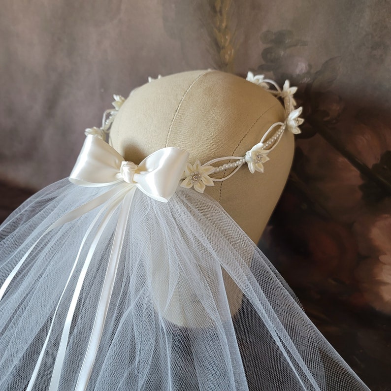 Communion Wreath Crown with Veil Pearl and Satin Flowers image 1