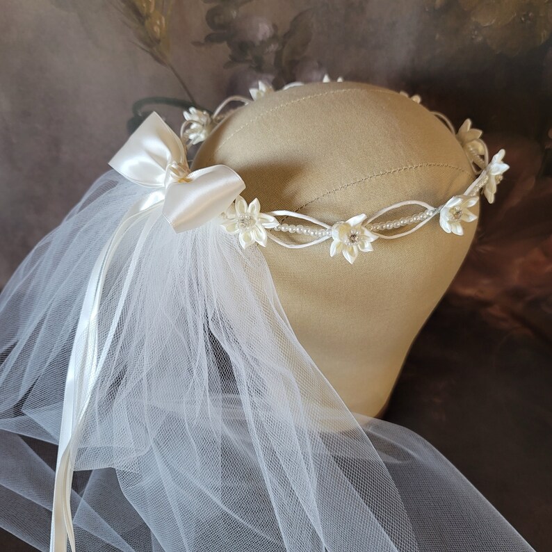 Communion Wreath Crown with Veil Pearl and Satin Flowers image 5