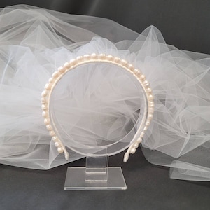 Freshwater Pearl Beaded Headband Two Tier Veil 108 Full | Bridal Headband Veil | Full Pearl Headband Veil