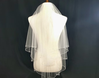 Gathered Circle Beaded Veil Silk White