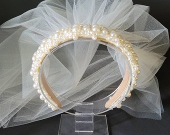 Pearl Beaded Headband Two Tier Veil | Wedding Veil | Bachelorette Veil