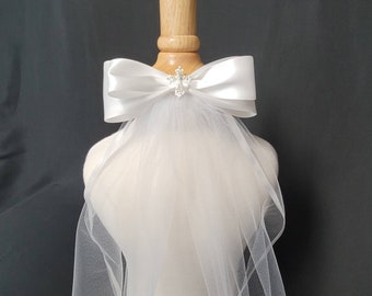 One-tier Communion Veil Large Bow and Satin Trim| Confirmation Veil | First Communion Veil | Bow Veil | Cross Veil | White or Ivory