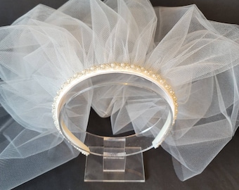 With or Without Veil | Pearl Beaded Satin Headband Veil | Beaded Satin Headband | Wedding Veil | First Communion Veil