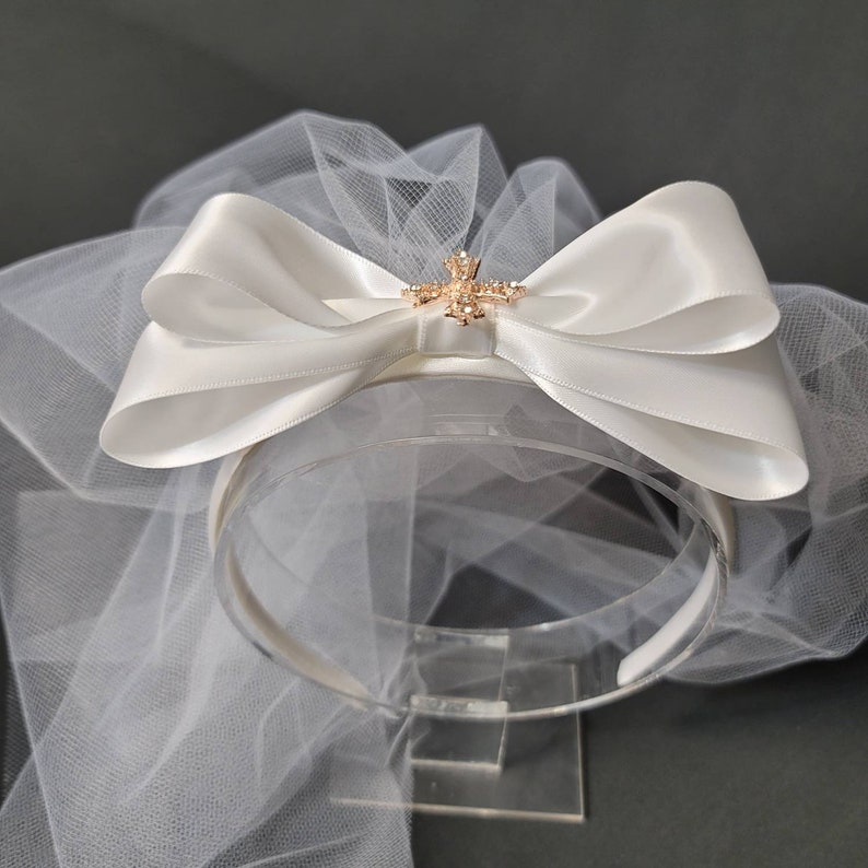 Headband Large Bow Veil Bachelorette Confirmation Veil First Communion Veil Bow Veil Cross Veil White or Ivory image 4