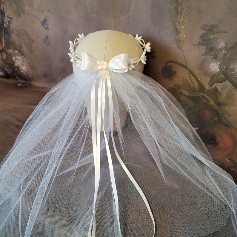 Communion Wreath Crown with Veil Pearl and Satin Flowers image 6