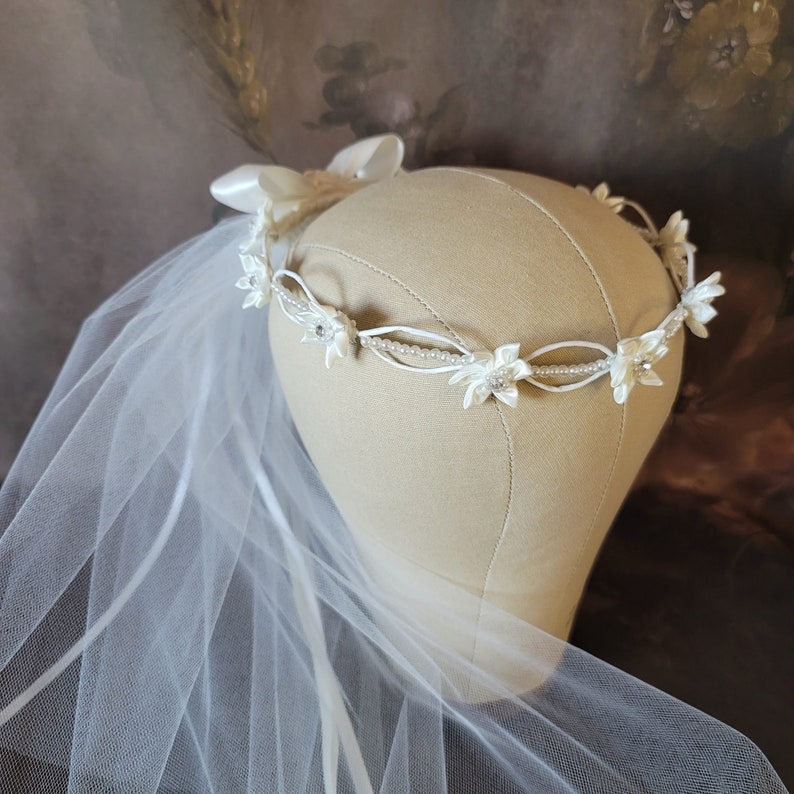 Communion Wreath Crown with Veil Pearl and Satin Flowers image 8