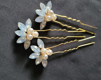 Something Blue Pearl and Rhinestone Hair Pin Gold Tone Setting Set of 3 | Something Blue