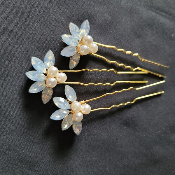 Something Blue Pearl and Rhinestone Hair Pin Gold Tone Setting Set of 3 | Something Blue