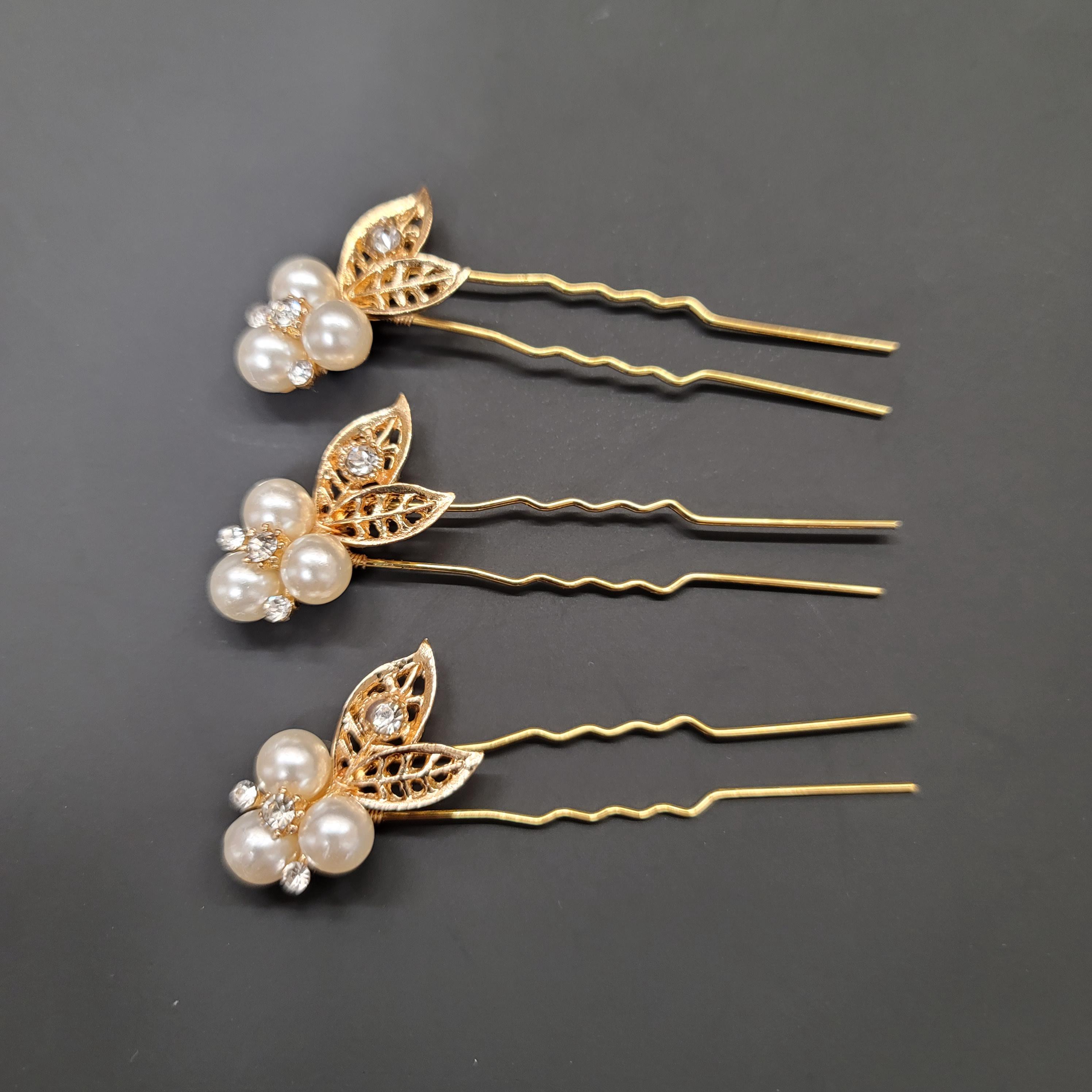 Pearl and Rhinestone Hair Pin Gold Tone Setting Set of 3 - Etsy