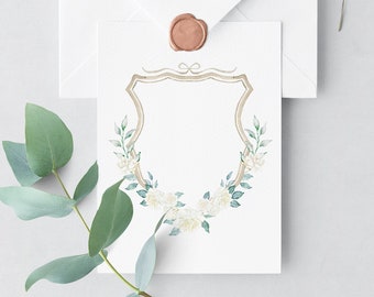 Crista de casamento floral - monograma de casamento em aquarela, pré-fabricado para download instantâneo, desenhado à mão, design de logotipo de crista de casamento pré-projetado