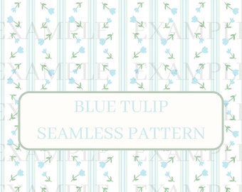 Blue Floral Tulip Preppy Seamless Pattern, 90's cottage style, grand millennial, vintage floral design, grandmillenial wallpaper