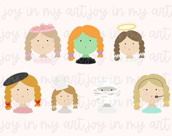May include: Digital illustration of eight different cartoon girls with various costumes and accessories. The girls are all wearing braids and have different facial expressions. The costumes include a princess, a witch, an angel, a chef, a mummy, a painter, and a singer.