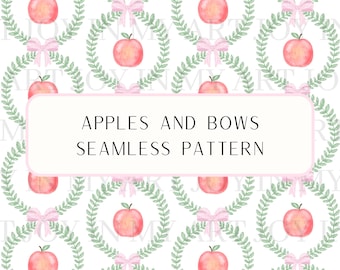 May include: A seamless pattern featuring pink bows and red apples in green wreaths on a white background. The text "Apples and Bows Seamless Pattern" is displayed in a pink rectangle.