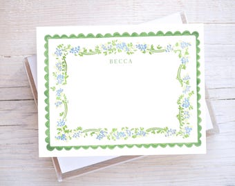 Personalized Watercolor Botanical Notecard Set, Notecard for girls, preppy stationery, preppy thankyou note, bow note, grand millennial
