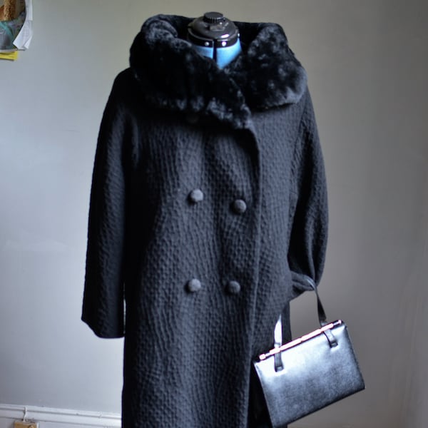 1960s Black Wool Coat, Faux Fur Collar, Double Breasted, Satin Lined S/M