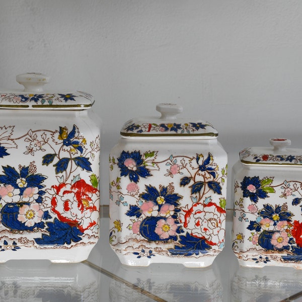 Early 20th Century Set of 3 Handpainted Japanese Royal Crown Tea Caddy Canisters