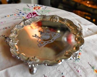Rosenthal Silverplate Salver Tray: Mid-Century Trinket Dish with Latin Motto
