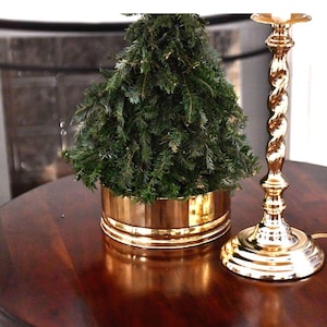 May include: A small evergreen tree in a gold planter sits on a dark wood table next to a gold candlestick.