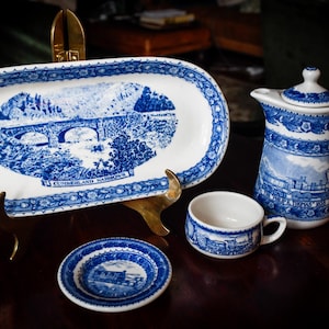 Zestaw naczyń do herbaty Shenango China Restaurant Ware z kolekcji Centennial Baltimore Ohio Railroad, talerz na seler, dzbanek do herbaty, napój typu demitasse, Butter Pat Train History