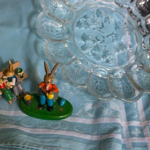 Easter Decor Lot: Deviled Egg Easter Egg Platter, Sur Le Table Light Blue Cotton Table Runner, West German Easter Bunny figurines