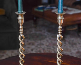 Early 20th Century Pair of Large English Antique Open Barley Twist Brass Candlesticks for Standard Size Candles