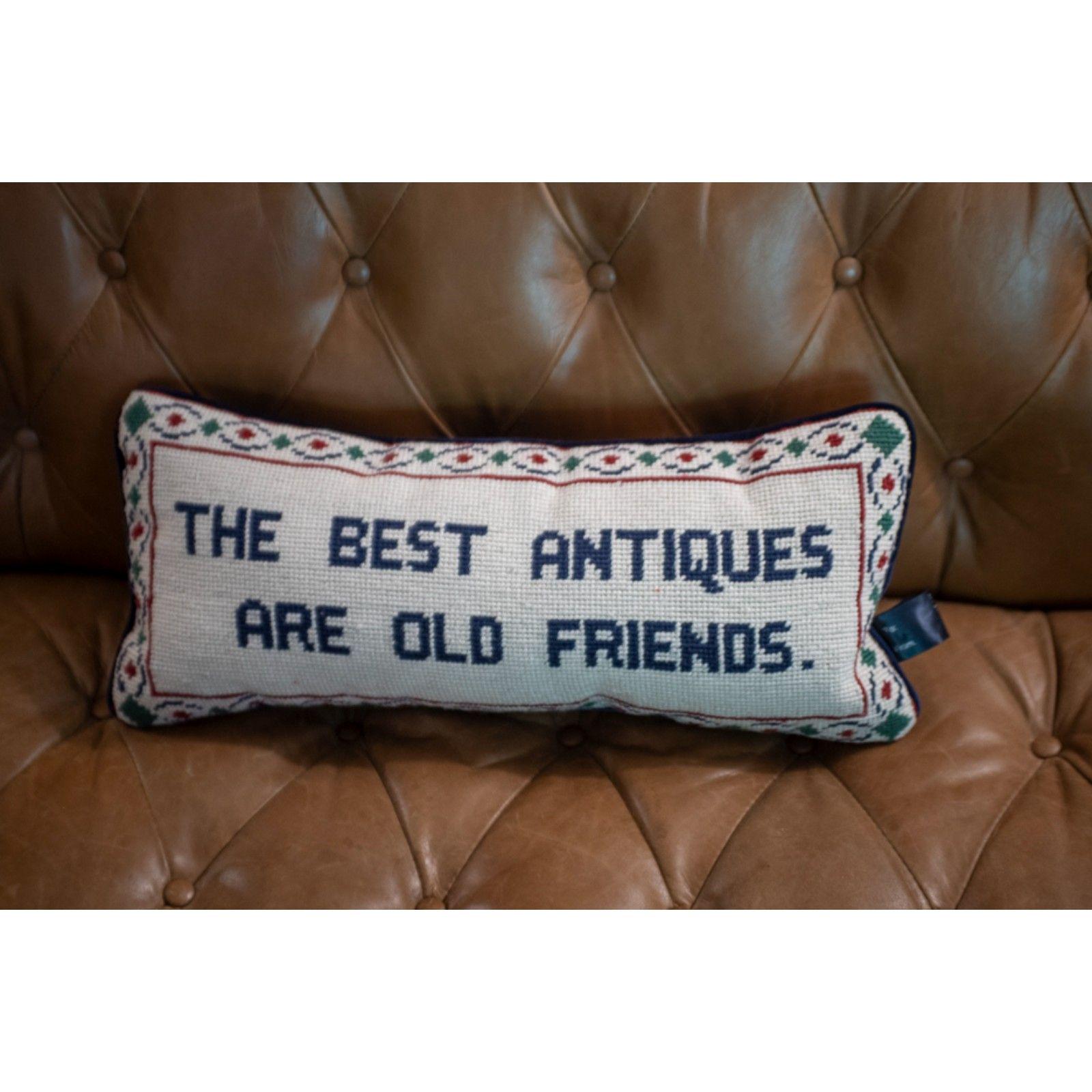Hand Made Needlepoint Bolster Pillow The Best Antiques are Old Friends Velvet Back