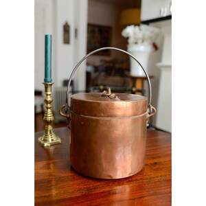 Antique French Copper Cauldron with Lid, Forged Iron Handle Stock Pot