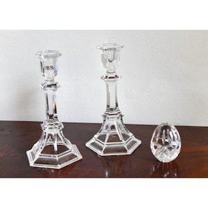 Vintage Crystal Glass Candlestick Pair 8 Inch | Hexagonal Base Faceted Stem | Wedding Table Decor