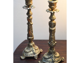 Pair of Vintage Brass Ornate Neoclassical Taper Candlestick Holders on Feet