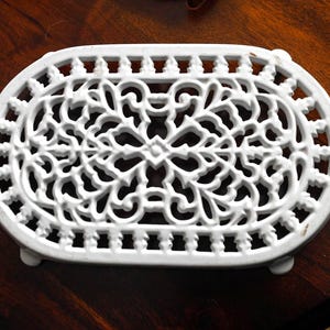 White Cast Iron Reticulated Trivet Hot Plate  Elegant Filigree Design