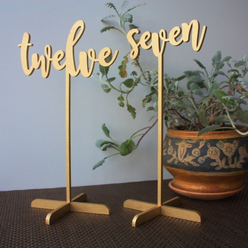 Gold Wedding Table Numbers with Base, Rustic Wooden Decor